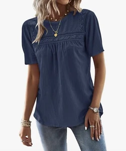 Orchidays Women's Summer Short Sleeve Blouses Crew Neck Lace Top - Picture 1 of 3