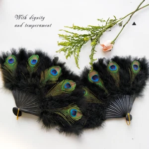 Chinese Folding Fan Peacock Feather Handheld Stage Photograph Prop Wedding Retro - Picture 1 of 5