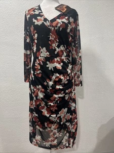 NEW IMAN Global Chic SZ L Printed Mesh Surplice Dress Front Slit Black FLORAL - Picture 1 of 15