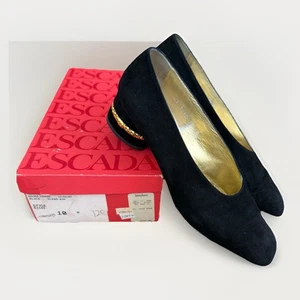 Vintage In Box Escada Black Suede/Kid 10B Pumps Block Heel Gold Trim - Picture 1 of 8