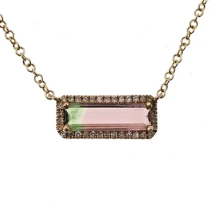 Wonderful 14k Rose Gold Natural Watermelon Tourmaline Diamond HALO Necklace 18" - Picture 1 of 6