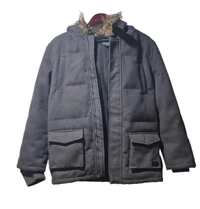 Boys Youth Woolrich Grey Bomber Hooded Jacket Down Coat Faux Fur Trim Sz 14/16 - Picture 1 of 9