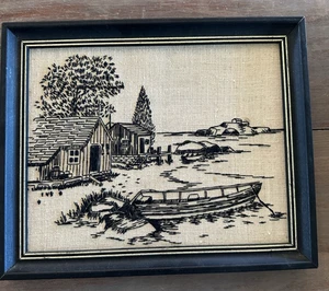 Vintage MCM Embroidered Waterfront Scene Wall Art In Black 8x10 Charming - Picture 1 of 8