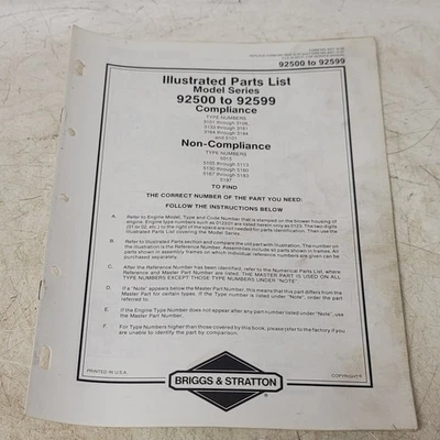 Lista de piezas ilustradas Briggs & Stratton serie modelo 92500 a 92599 Foto 1 de 3