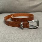Vintage Belt Womens Small 32.5" Brown Leather Tooled Buckle Western USA Made bu