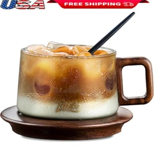 Borosilicate Glass Coffee Cups Set Espresso Mug Saucer Wooden Handle Spoon New - Picture 1 of 8