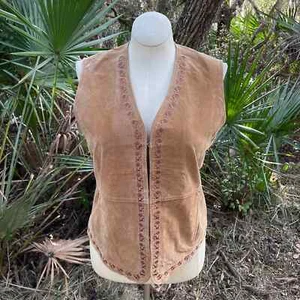 Vintage 90s Tan Suede Leather Vest Embroidered Leaves Pockets Outbrook Size L - Picture 1 of 12