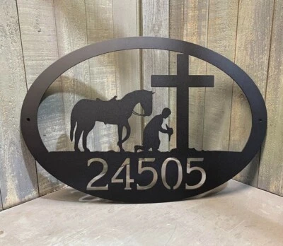 Metal Praying Cowboy and Cross 24" Wide Custom Address Numbers - Image 1 of 4