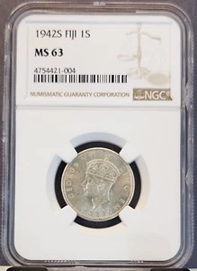 1942 FIJI SILVER 1 SHILLING GEORGE VI OUTRIGGER NGC MS 63 BEAUTIFUL COIN - Picture 1 of 3