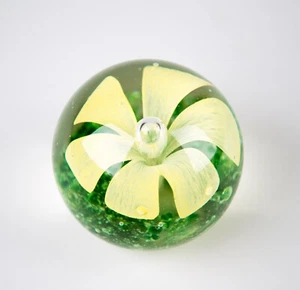 Vintage Yellow Flower Control Bubble Large Art Glass Paperweight 3.5" - Picture 1 of 4