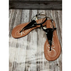 Rampage Womens Sz 9.5 M Prycer Black Patent Faux Leather Flats T Strap Sandals - Picture 1 of 7