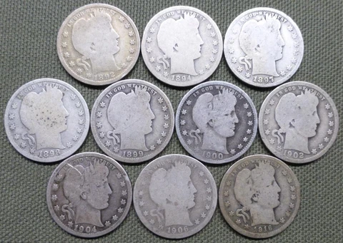 Lot of 10 Barber Silver Quarters, 1/2 Roll, $2.50 Face, 1892, 1894 S, 1897 Cover