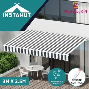 Instahut Retractable Folding Arm Awning Motorised Sunshade 3Mx2.5M Grey White - Picture 1 of 7