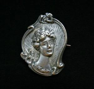 Antique Victorian Silver Color Metal Repousse Cameo Woman Pin Brooch Late 1800s - Picture 1 of 3
