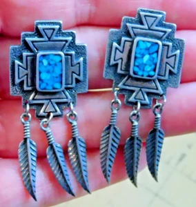 Pewter Dangle Earrings Turquoise Chunk Southwest Style Feathers by EGE NEW Backs - Picture 1 of 15