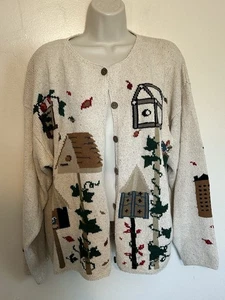 Suéter Cárdigan Woolrich Beige Casas Pájaro Mezcla Seda Talla L Granny Core - Imagen 1 de 10