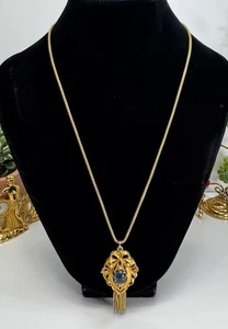 Vintage Hattie Carnegie goldfarben blau Cabochon Quaste Anhänger Halskette 25" selten - Bild 1 von 10