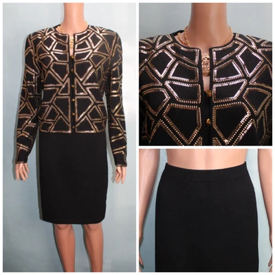 St John Evening Black Gold Jacket Skirt Suit L Size 12 14 Buttons Sequin Shimmer - Image 1 of 4