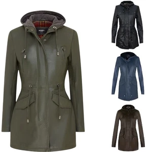 Women's Leather Hooded Parker Jacket Multi-Pocket Trench Coat - Picture 1 of 26