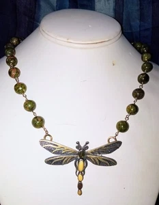 Vintage Zealandia Sterling Amber Dragonfly Necklace Jasper Beads - Picture 1 of 5