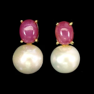 925 Sterling Silver Earrings Oval Ruby 9x7mm Pearl Natural Gemstone Jewelry - Bild 1 von 14