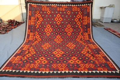 Alfombra 7x9 Afghan Maimana Kilim - Rojo Brillante y Naranja Tribal Patrón Diamante - Mano Foto 1 de 4