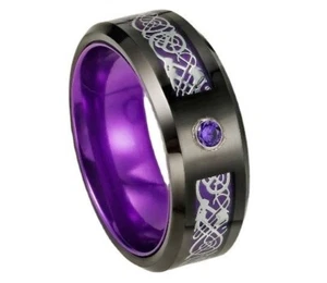 8mm Men Women Purple Red Tungsten Steel Dragon Band CZ Ring Couple Ring - Picture 1 of 6