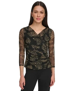 DKNY 3/4-Sleeve Printed Mesh V-Neck Top Women's XS Black Multi V-Neck Pullover - Picture 1 of 16