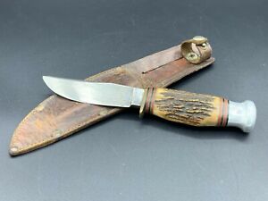 William Rogers Sheffield Hunters Knife Stag Handle Fixed Blade W/ Sheath England