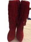 Ladies Red Wedge Fashion Boots 6" Heel Size 6 Fringes-Great Look For Parties !