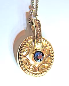 Deep Sapphire Blue Stone-Brilliant Cut-Lovely Goldtone Pendant & Chain, QVC - Picture 1 of 5