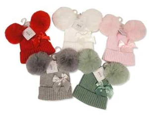 Baby Girls Double Pom Pom Hat with Satin Bow Ribbon 6-12 Months ~ abg - Picture 1 of 3
