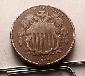 16)   1869 Shield Nickel (5c), VF. A Very Nice Coin with NO issues. - Picture 1 of 2