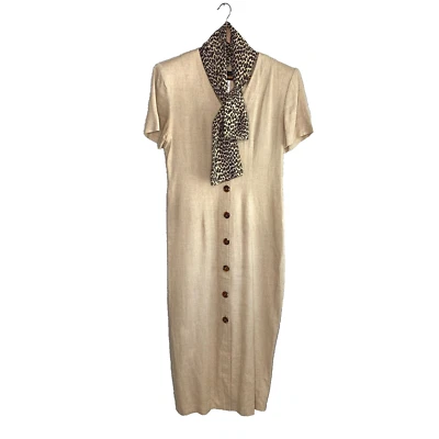 John Roberts VTG Linen Blend Dress Women's 6 Button Front 80s Scarf Beige Midi - Image 1 of 4
