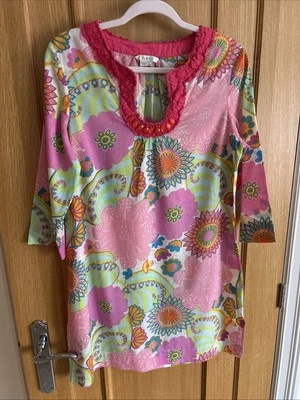 BODEN PINKS RETRO FLORAL PRINT TUNIC/KAFTAN. 100% COTTON. SIZE 12. HOLIDAY/BEACH - Image 1 of 4