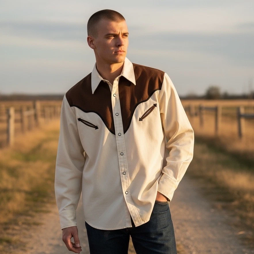 Vintage 70s Mens Western Shirt L Long Sleeve Brown Cream Snap Cowboy Rockabilly - Image 1 of 4