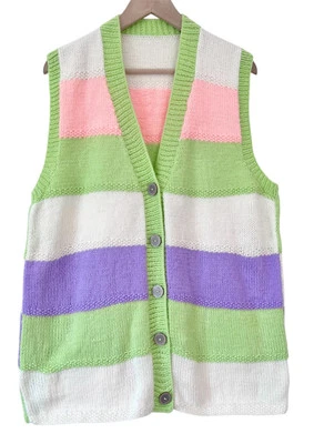 HAND KNITTED Tank Top - Size 44” Chest Pastel Striped Button Mohair Content Vest - Image 1 of 4