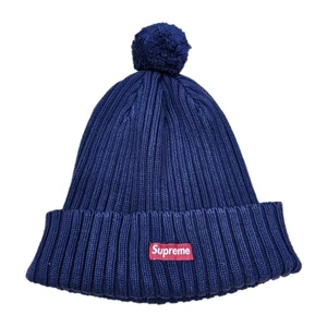 Supreme Beanie Hat Blue Knit Ribbed Pom-Pom 💯 Cotton USA Rare - Picture 1 of 3
