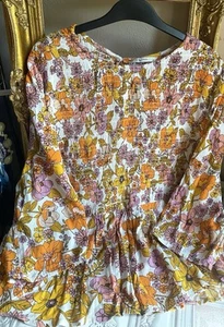 TU Woman UK 20 Retro Orange Floral Top, shirred elastic bodice crinkly viscose - Picture 1 of 5