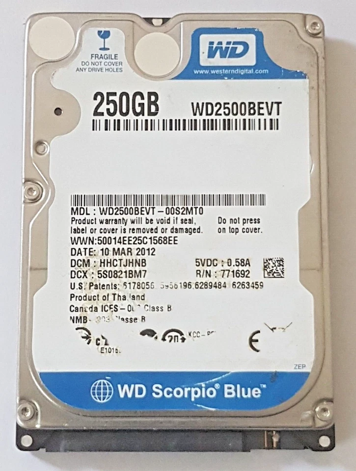 250 GB SATA Western Digital WD2500BEVT-00S2MT0 5400rpm 8MB HDD 2.5 " Hard Drive - Image 1 of 1