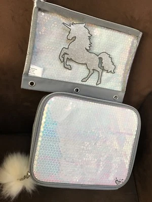 JUSTICE “I LOVE UNICORNS” IRIDESCENT GLITTER LUNCHBOX & PENCILCASE SUPER CUTE!!