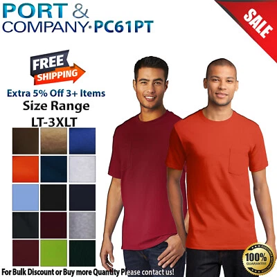 Camiseta esencial de manga corta grande y alta Port & Company PC61PT para hombre con bolsillo Foto 1 de 3