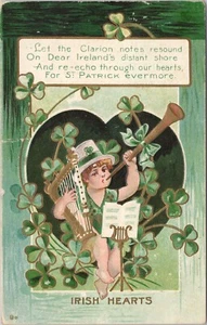 1909 St. Patricks Grüße Harfenkind bläst Horn Musik Kleeblätter irische Herzen - Bild 1 von 2
