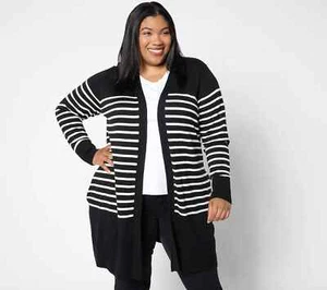 Denim & Co. Signature Striped Open Front Sweater Cardigan-Black-Medium-A611695 - Picture 1 of 2