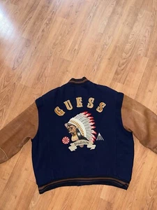 Vintage Guess Large Leather Wool Varsity Indian Aztec Jacket 90s (MAKE A OFFER) - Picture 1 of 11