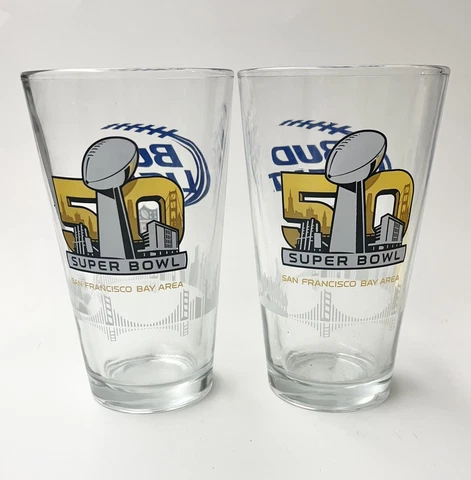 (2) Super Bowl 50 Broncos vs Panthers NFL Bud Light Souvenir Beer Pint Glass EUC Cover