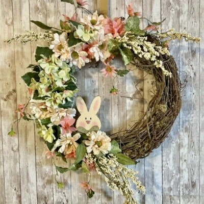 18 Inch Pastel Floral Spring Grapevine Wreath | Easter Wreath | Bunny Wreath  - Image 1 of 4