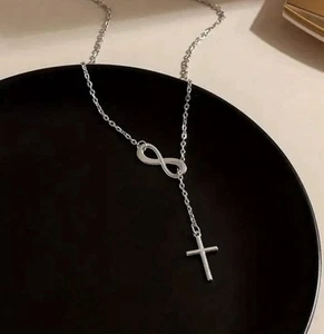 Stainless Steel Infinity Charm Cross Pendant Womens Silver Jewelry Necklace Gift - Picture 1 of 8