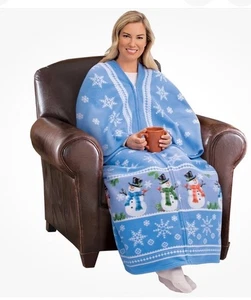 Collections Etc Snowman and Snowflake Soft Fleece Wearable Blanket 60.5" x 67" - Picture 1 of 3