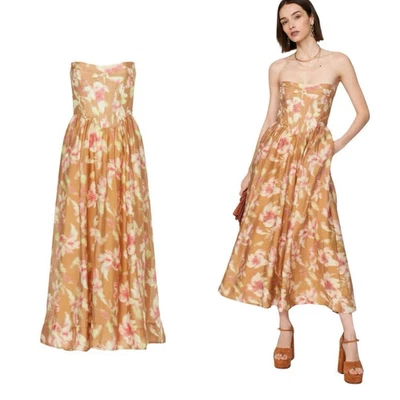 Bardot Lola Corset Midi Dress Pink Brown Strapless sz 6 Cottage Luxury Chic - Image 1 of 4